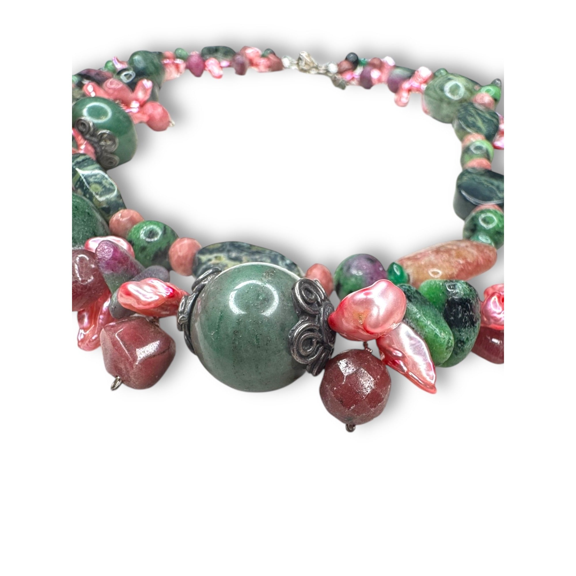 Sterling Silver Multi Gemstone Necklace Emerald Ruby Jasper Pearl 18 Inch