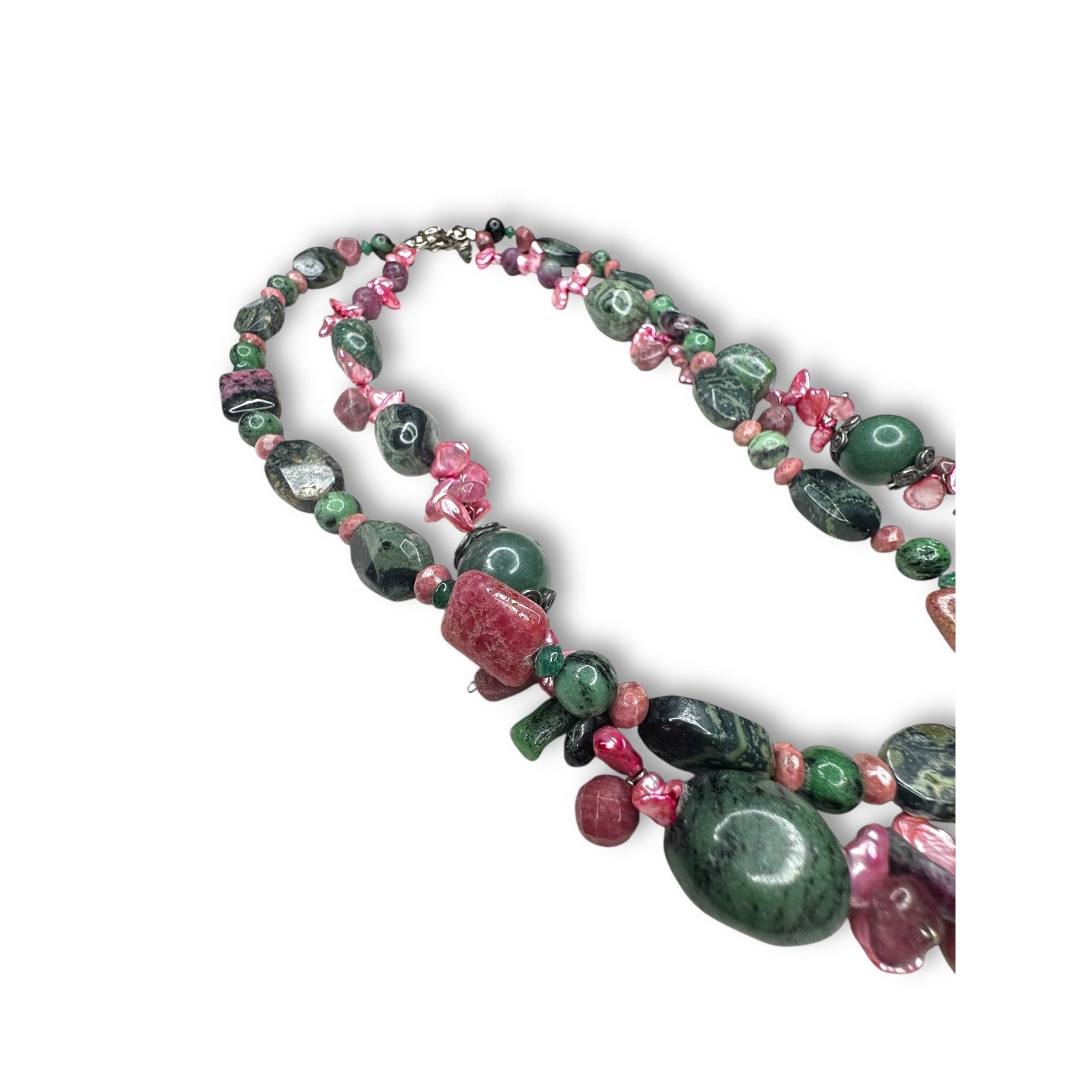 Sterling Silver Multi Gemstone Necklace Emerald Ruby Jasper Pearl 18 Inch