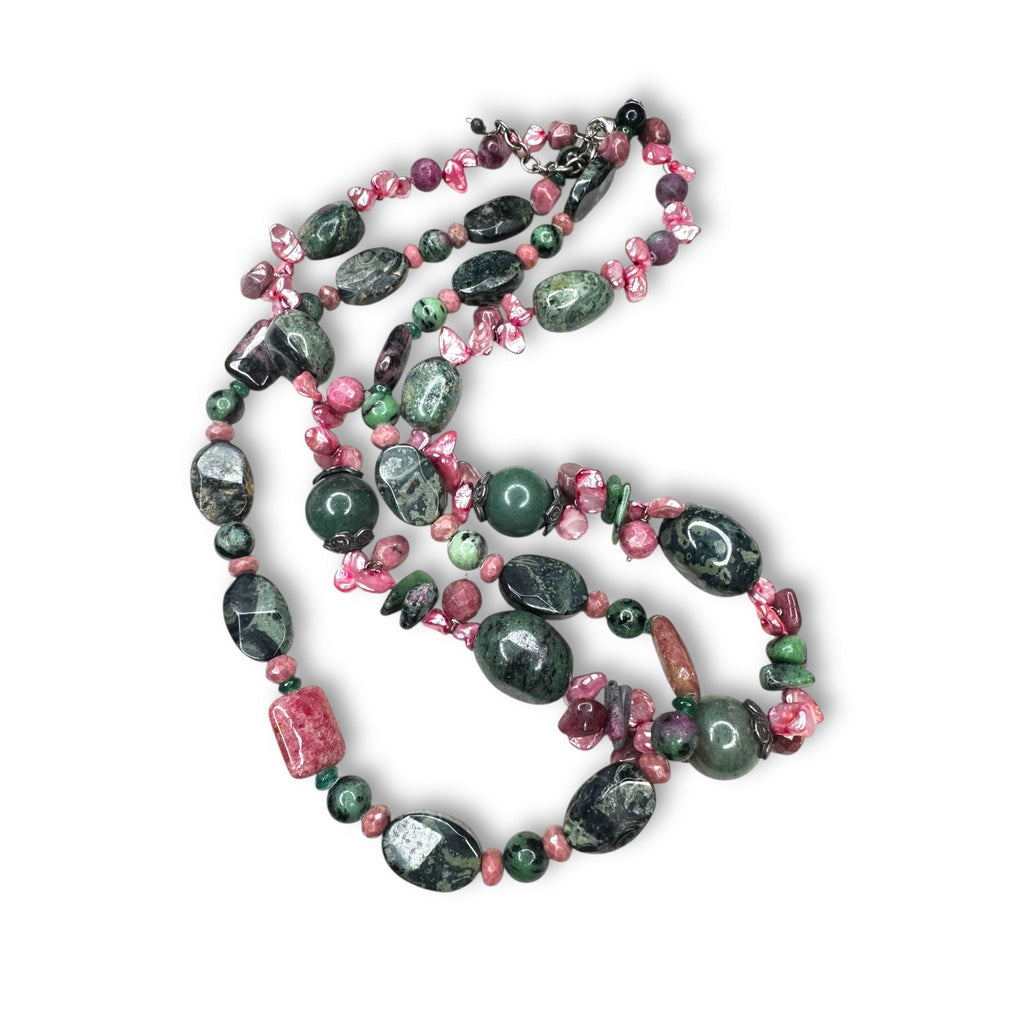 Sterling Silver Multi Gemstone Necklace Emerald Ruby Jasper Pearl 18 Inch