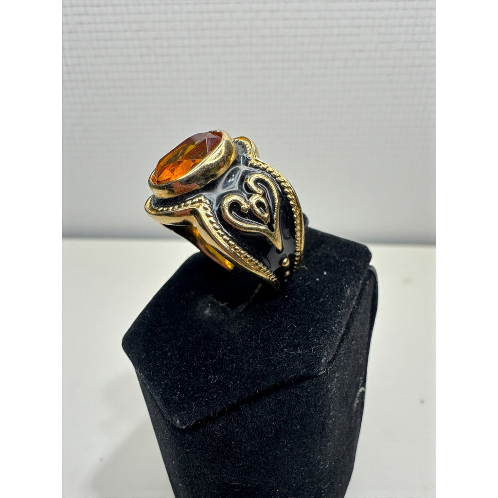 Vintage Gold Tone Black Enamel Amber Crystal Statement Ring Size 8.25