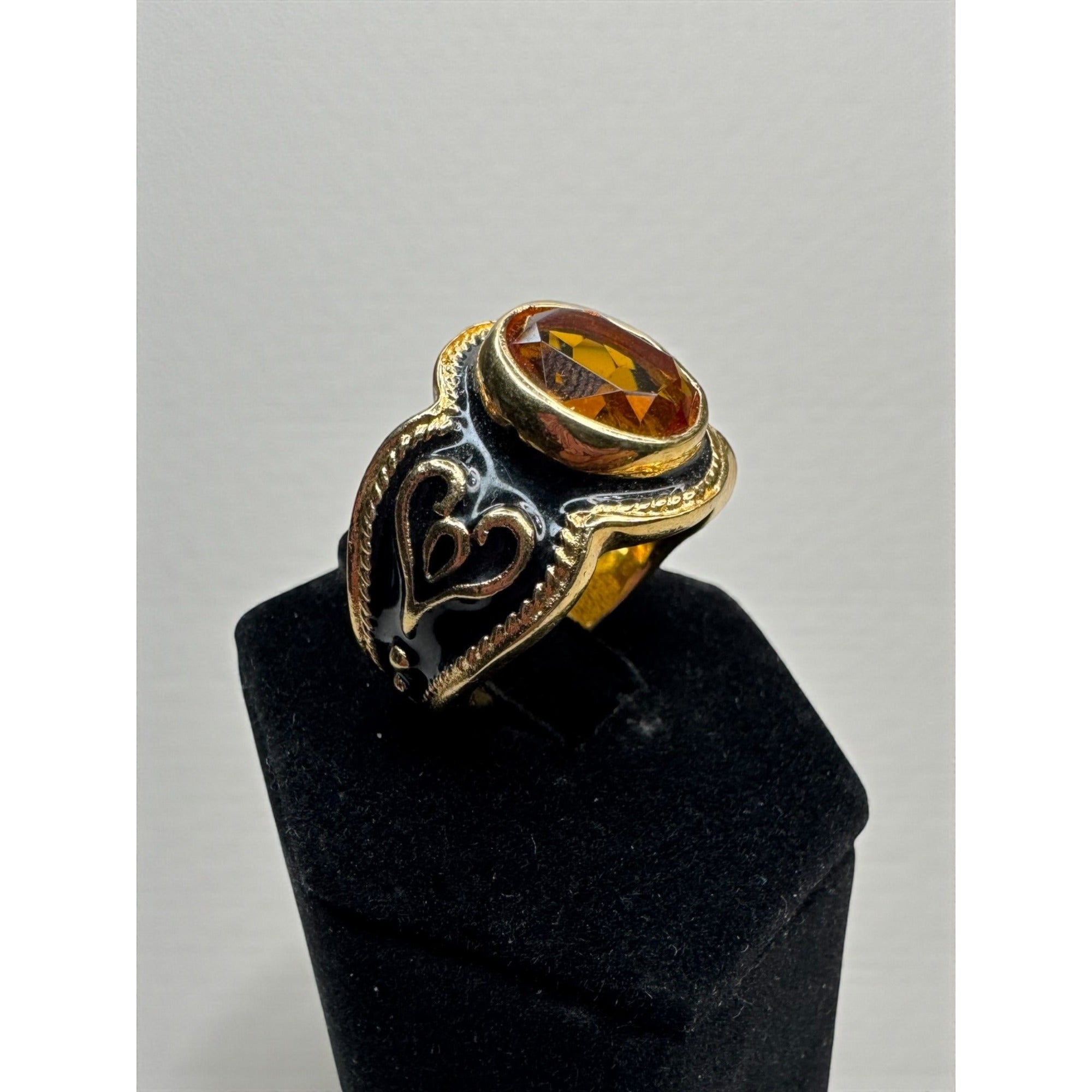Vintage Gold Tone Black Enamel Amber Crystal Statement Ring Size 8.25