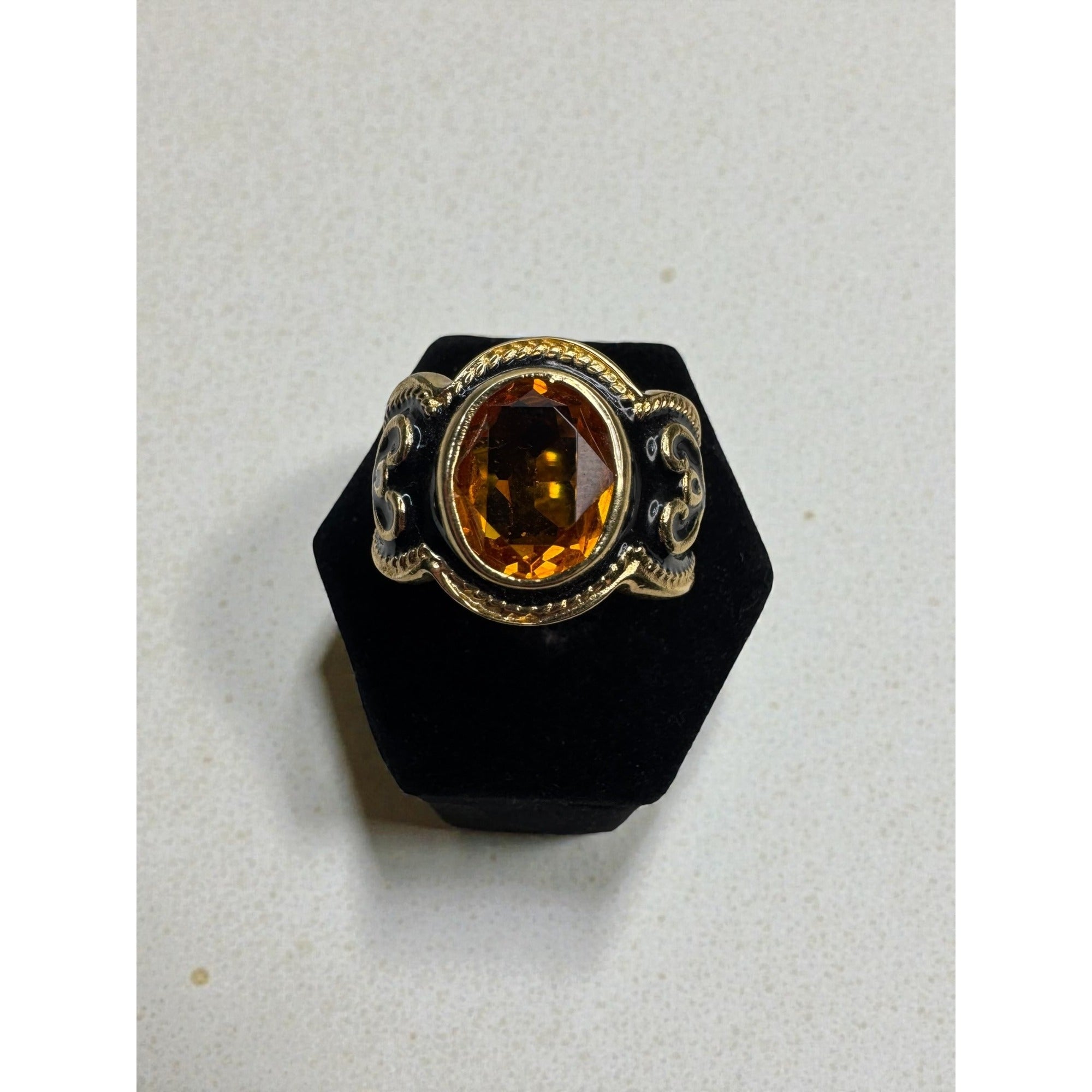 Vintage Gold Tone Black Enamel Amber Crystal Statement Ring Size 8.25