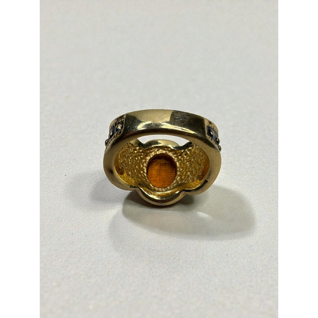 Vintage Gold Tone Black Enamel Amber Crystal Statement Ring Size 8.25
