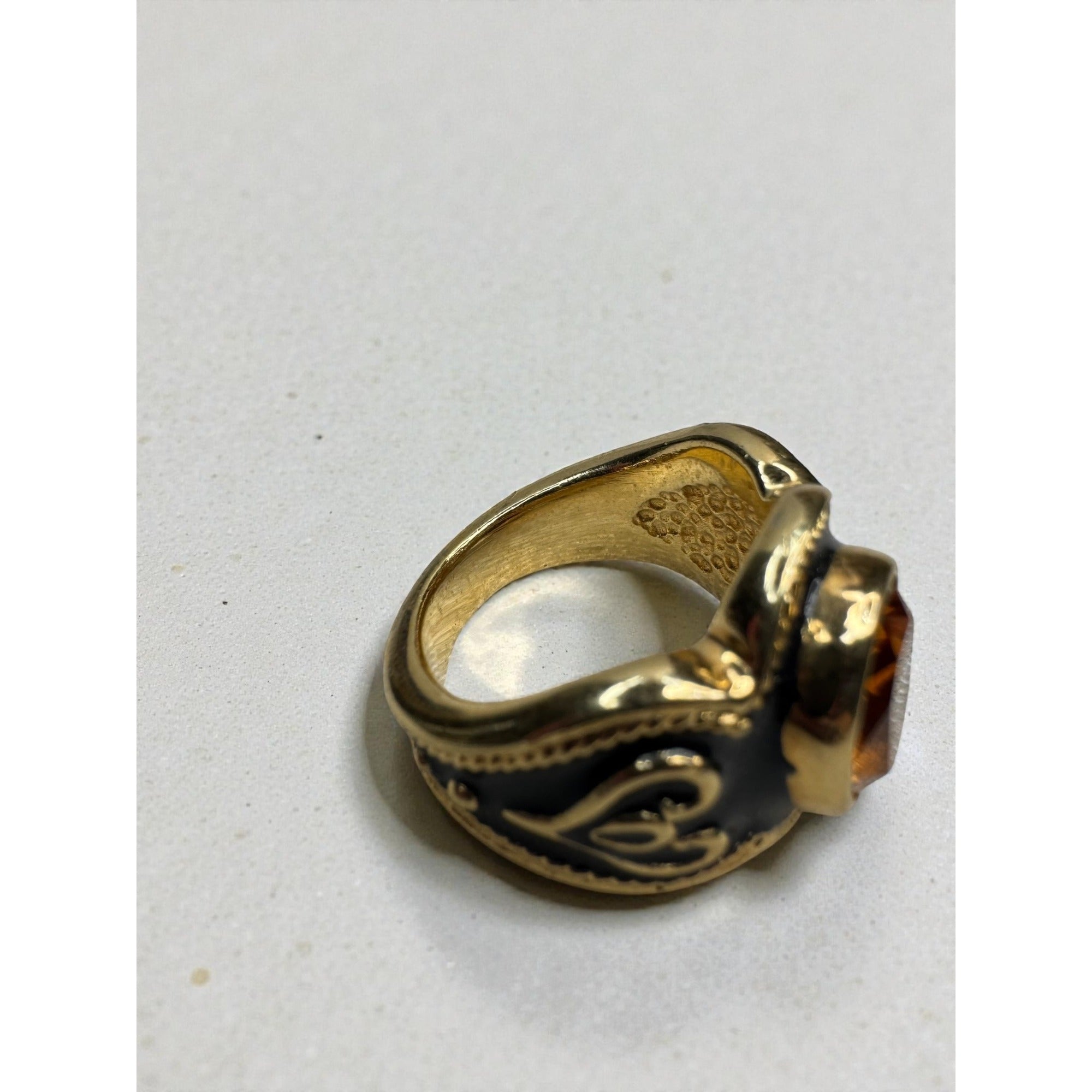 Vintage Gold Tone Black Enamel Amber Crystal Statement Ring Size 8.25