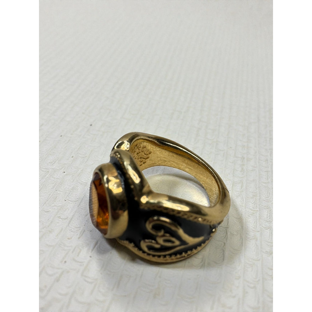 Vintage Gold Tone Black Enamel Amber Crystal Statement Ring Size 8.25