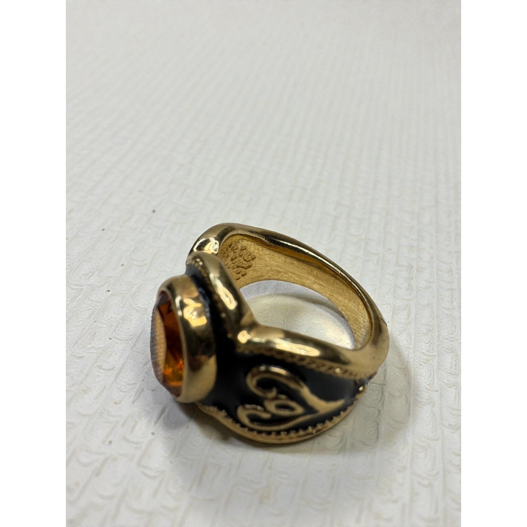 Vintage Gold Tone Black Enamel Amber Crystal Statement Ring Size 8.25