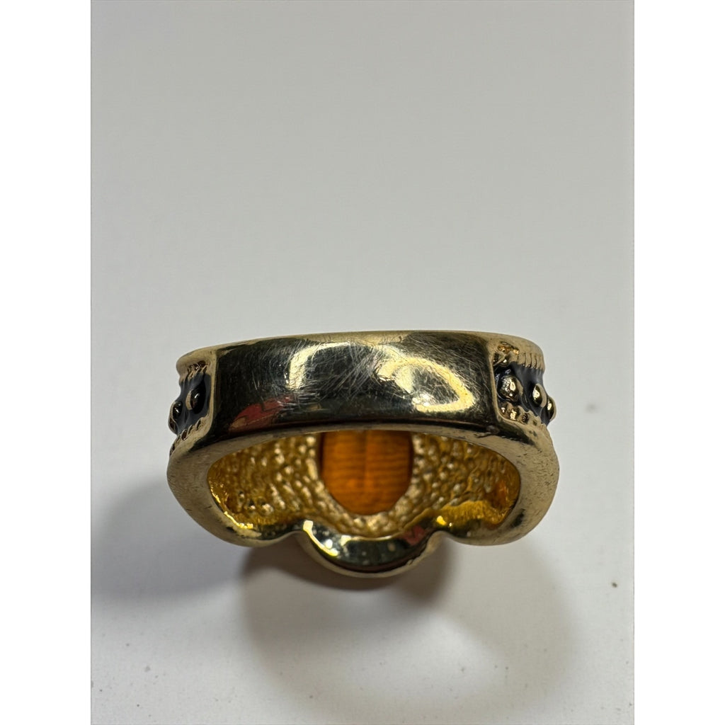 Vintage Gold Tone Black Enamel Amber Crystal Statement Ring Size 8.25