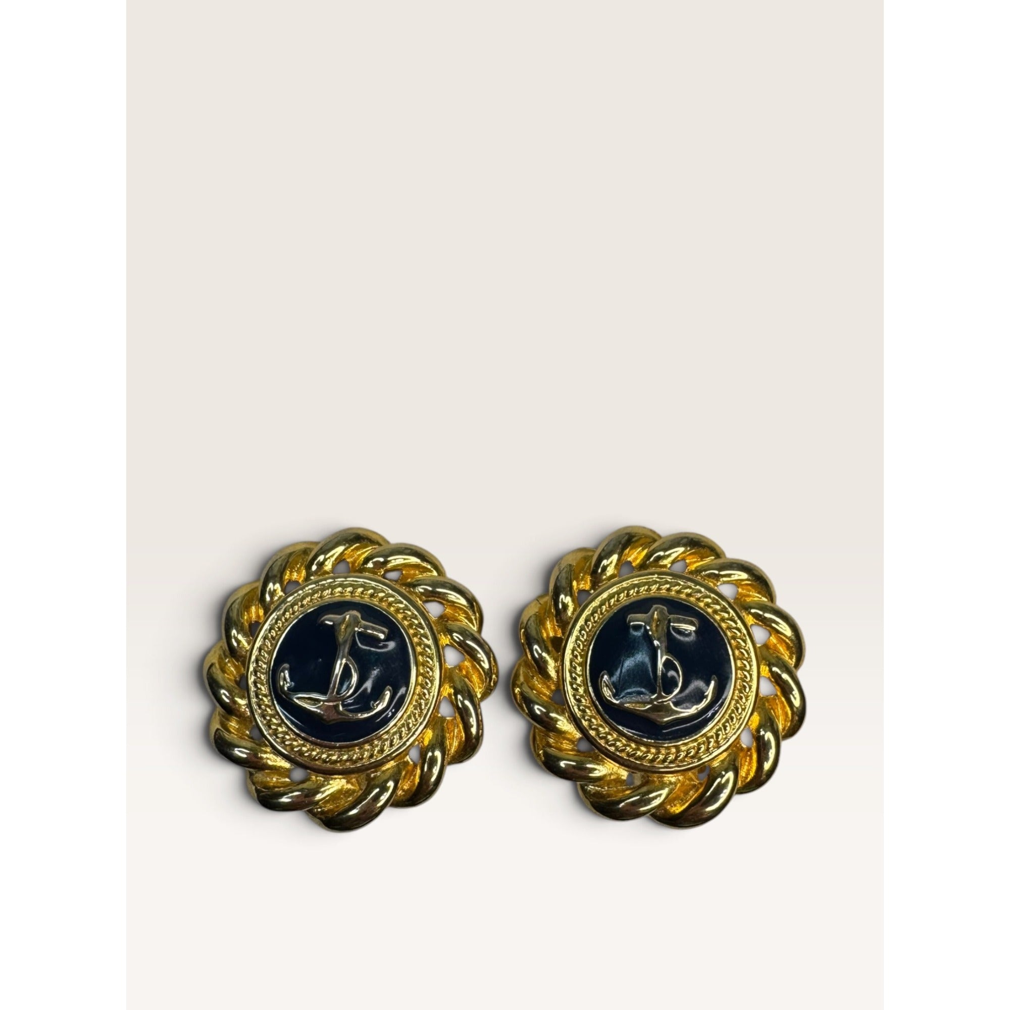 Nautical Anchor Enamel Rope Frame Clip On Earrings Gold Tone 1.18" Vintage