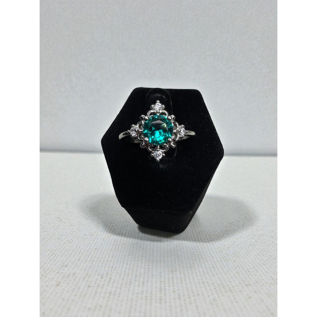 Teal Blue Green Crystal Halo Ring Silver Tone Statement Ring Size 7.5