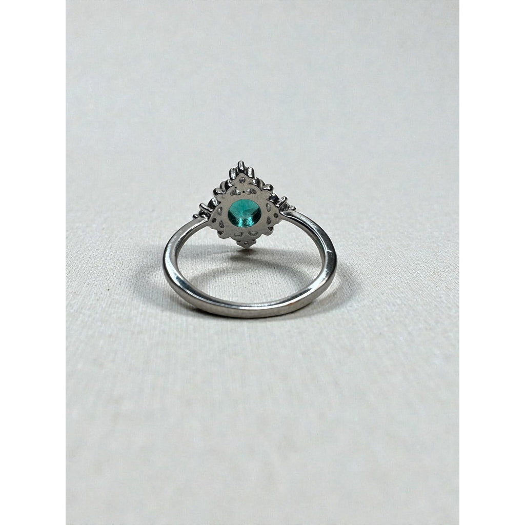 Teal Blue Green Crystal Halo Ring Silver Tone Statement Ring Size 7.5