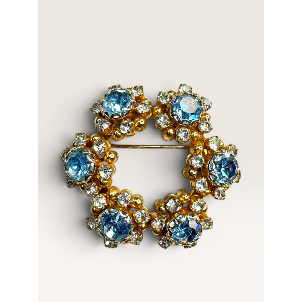 1950s Mid Century Blue Crystal Wreath Brooch Gold Tone Floral Vintage