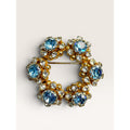 1950s Mid Century Blue Crystal Wreath Brooch Gold Tone Floral Vintage