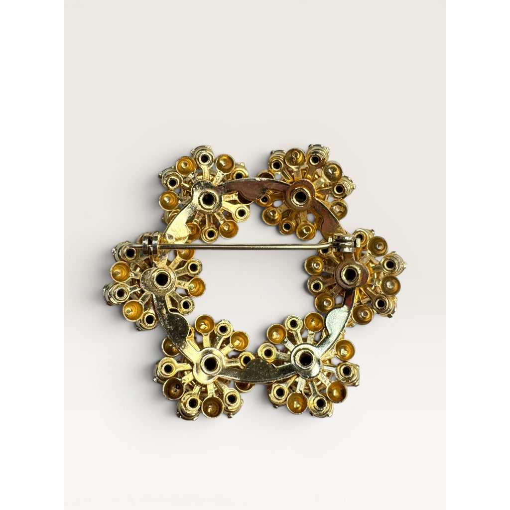 1950s Mid Century Blue Crystal Wreath Brooch Gold Tone Floral Vintage