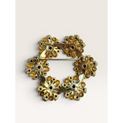 1950s Mid Century Blue Crystal Wreath Brooch Gold Tone Floral Vintage