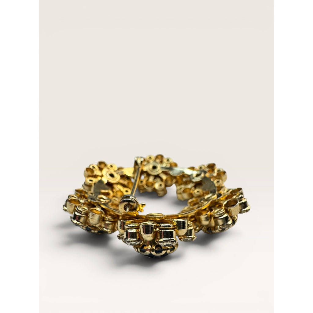 1950s Mid Century Blue Crystal Wreath Brooch Gold Tone Floral Vintage