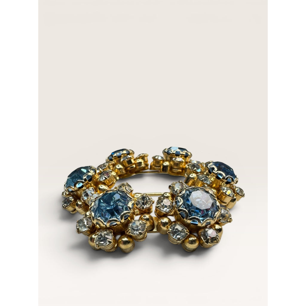 1950s Mid Century Blue Crystal Wreath Brooch Gold Tone Floral Vintage