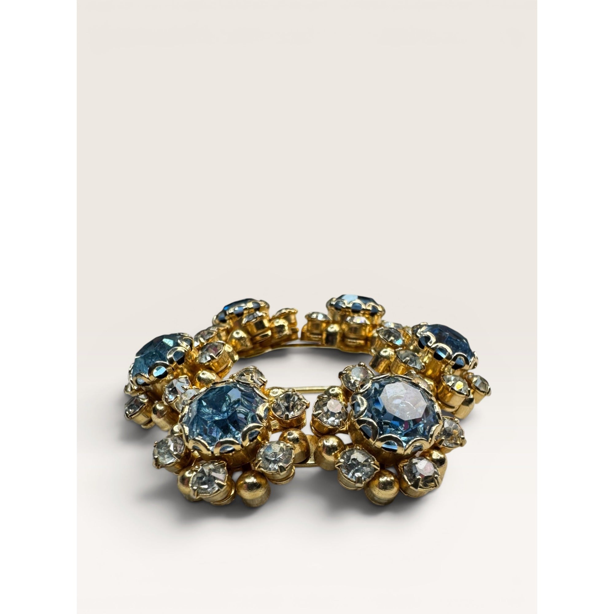 1950s Mid Century Blue Crystal Wreath Brooch Gold Tone Floral Vintage
