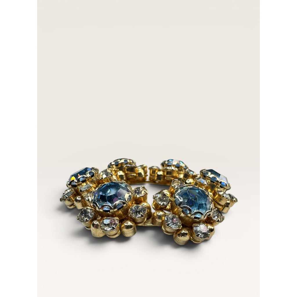 1950s Mid Century Blue Crystal Wreath Brooch Gold Tone Floral Vintage