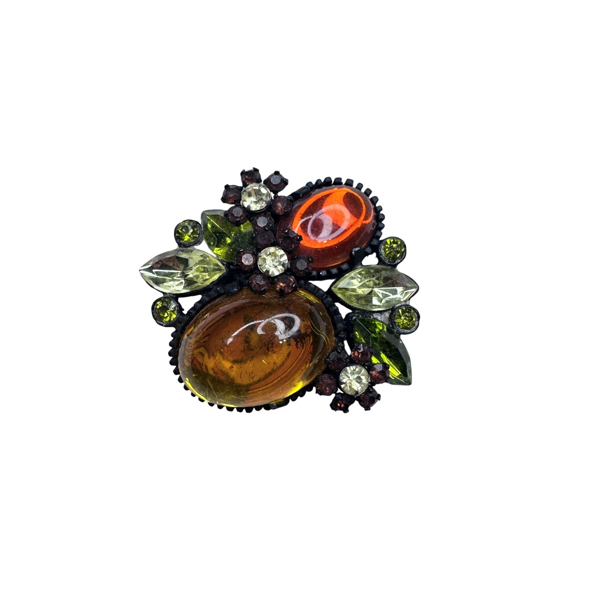 Autumn Lucite Glass Crystal Brooch Japanned Metal Vintage Unsigned