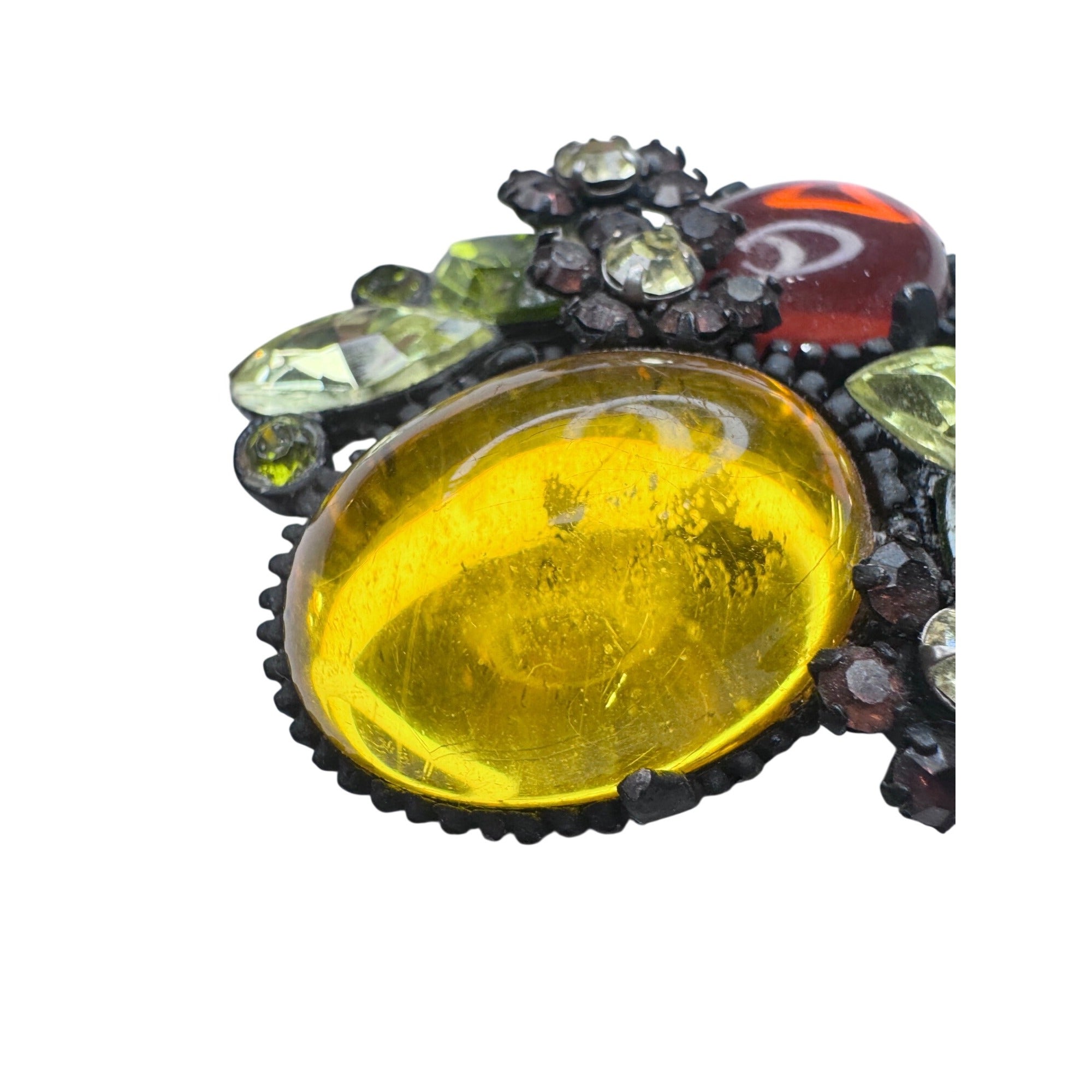 Autumn Lucite Glass Crystal Brooch Japanned Metal Vintage Unsigned