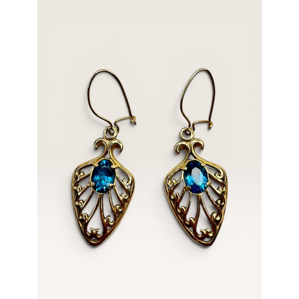 14K Gold Blue Topaz Filigree Dangle Earrings Shepherd Hook Vintage