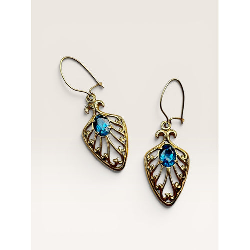 14K Gold Blue Topaz Filigree Dangle Earrings Shepherd Hook Vintage