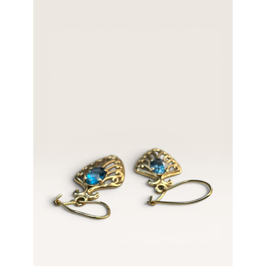14K Gold Blue Topaz Filigree Dangle Earrings Shepherd Hook Vintage