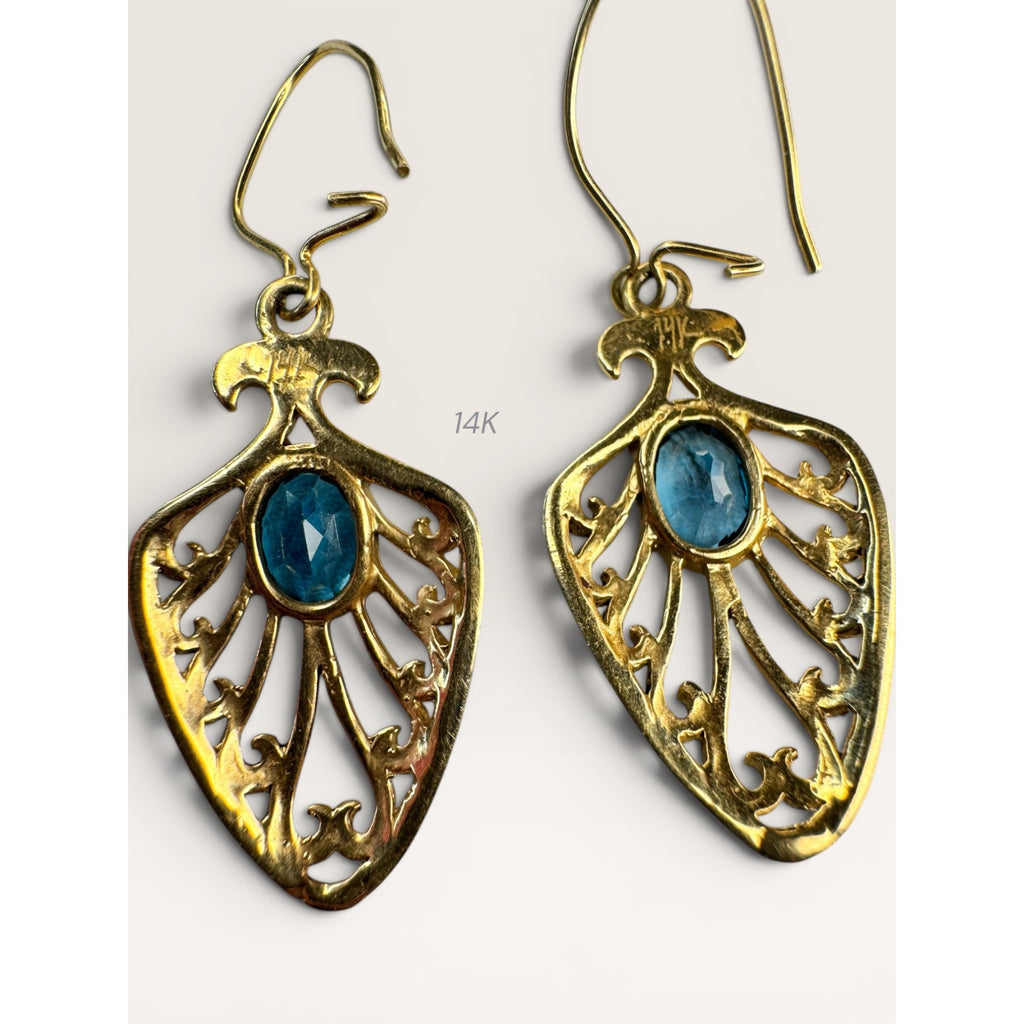 14K Gold Blue Topaz Filigree Dangle Earrings Shepherd Hook Vintage