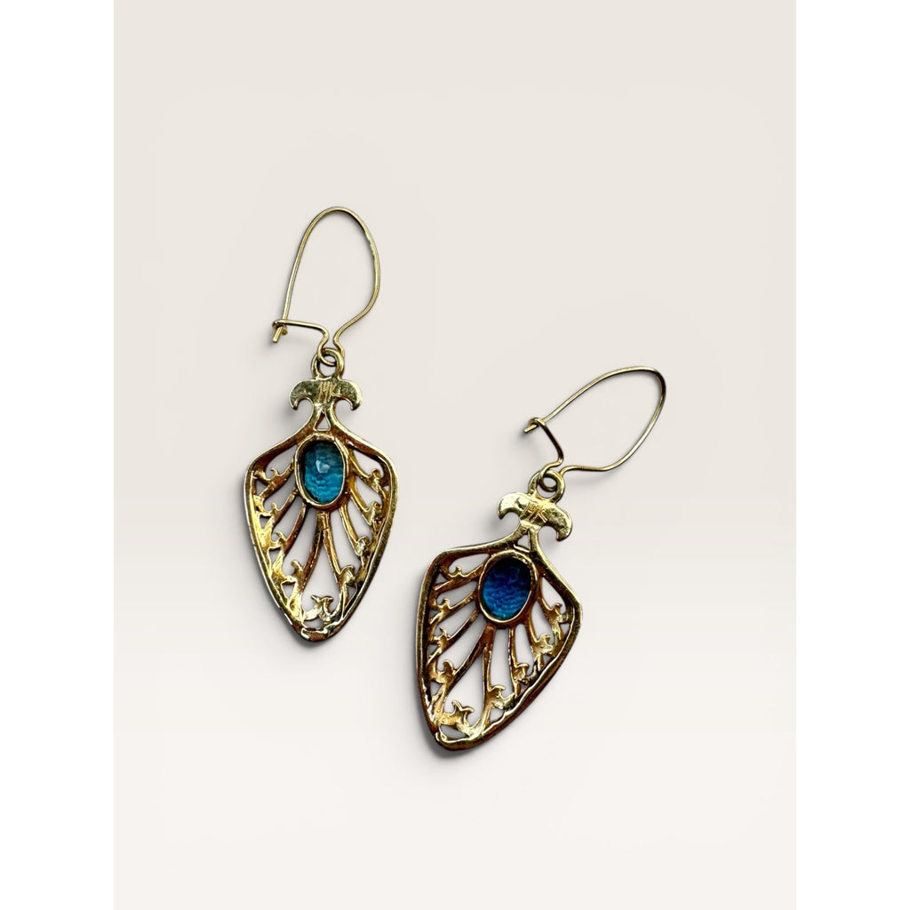 14K Gold Blue Topaz Filigree Dangle Earrings Shepherd Hook Vintage