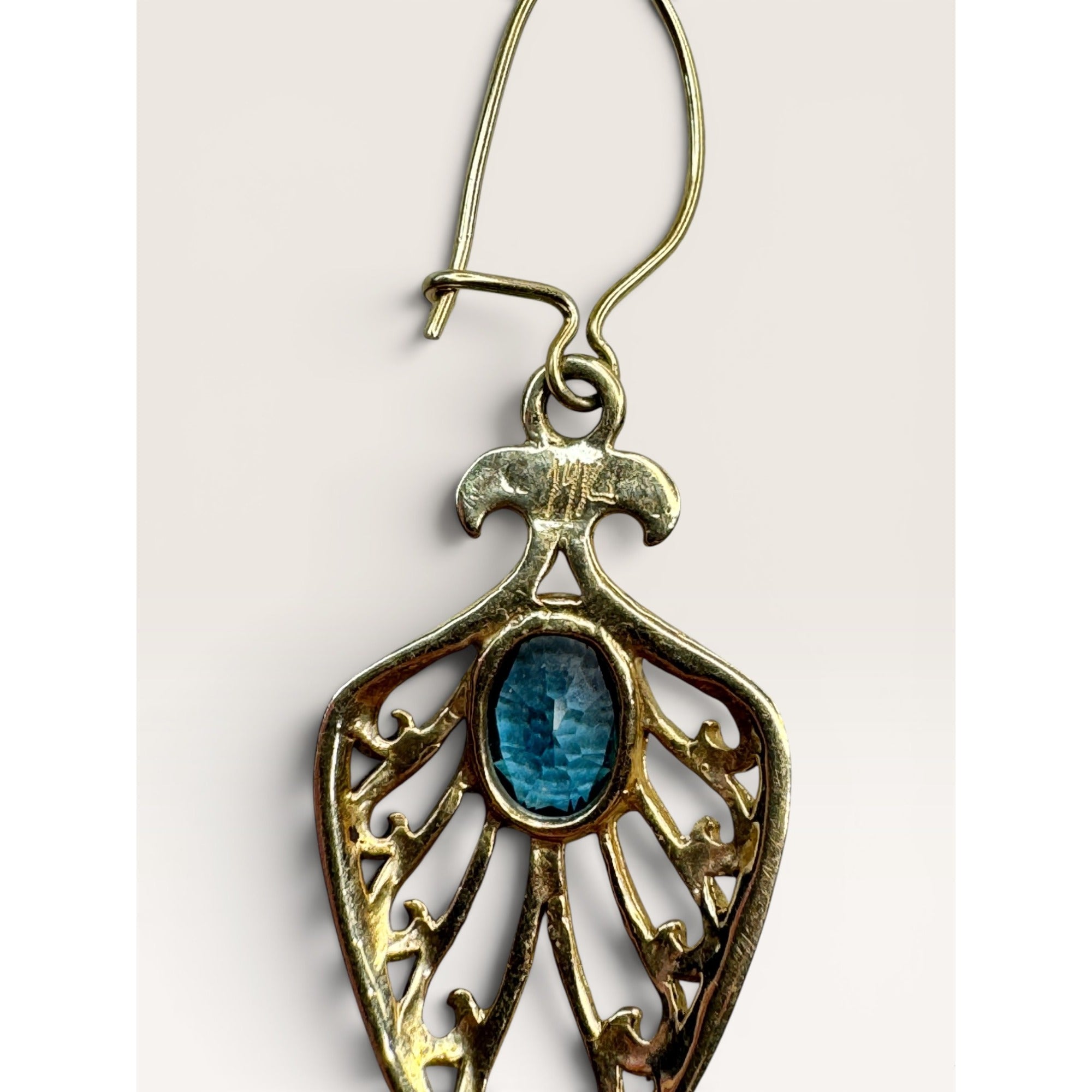 14K Gold Blue Topaz Filigree Dangle Earrings Shepherd Hook Vintage