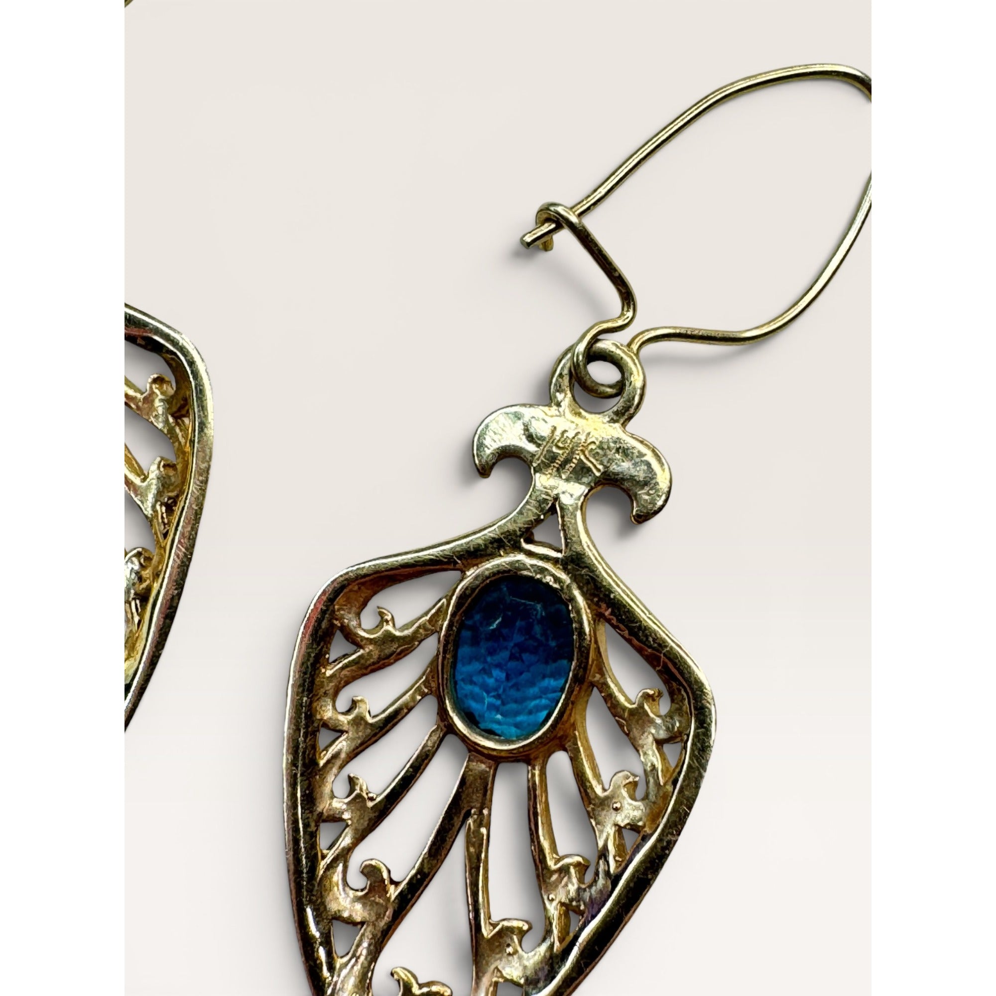 14K Gold Blue Topaz Filigree Dangle Earrings Shepherd Hook Vintage