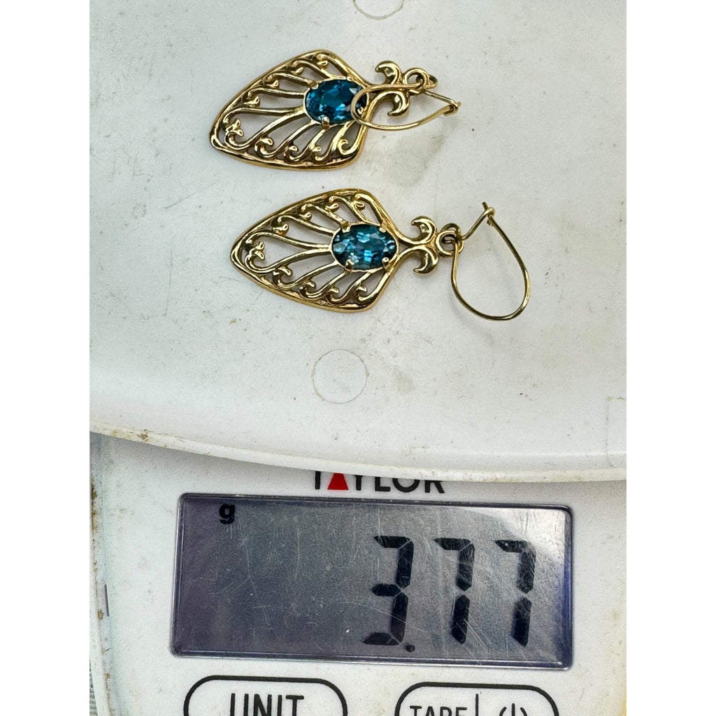 14K Gold Blue Topaz Filigree Dangle Earrings Shepherd Hook Vintage