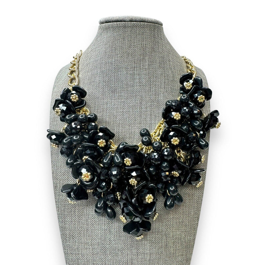Vintage Talbots Black Acrylic Bead Bib Necklace Gold Tone Chain 18.5–21.5"