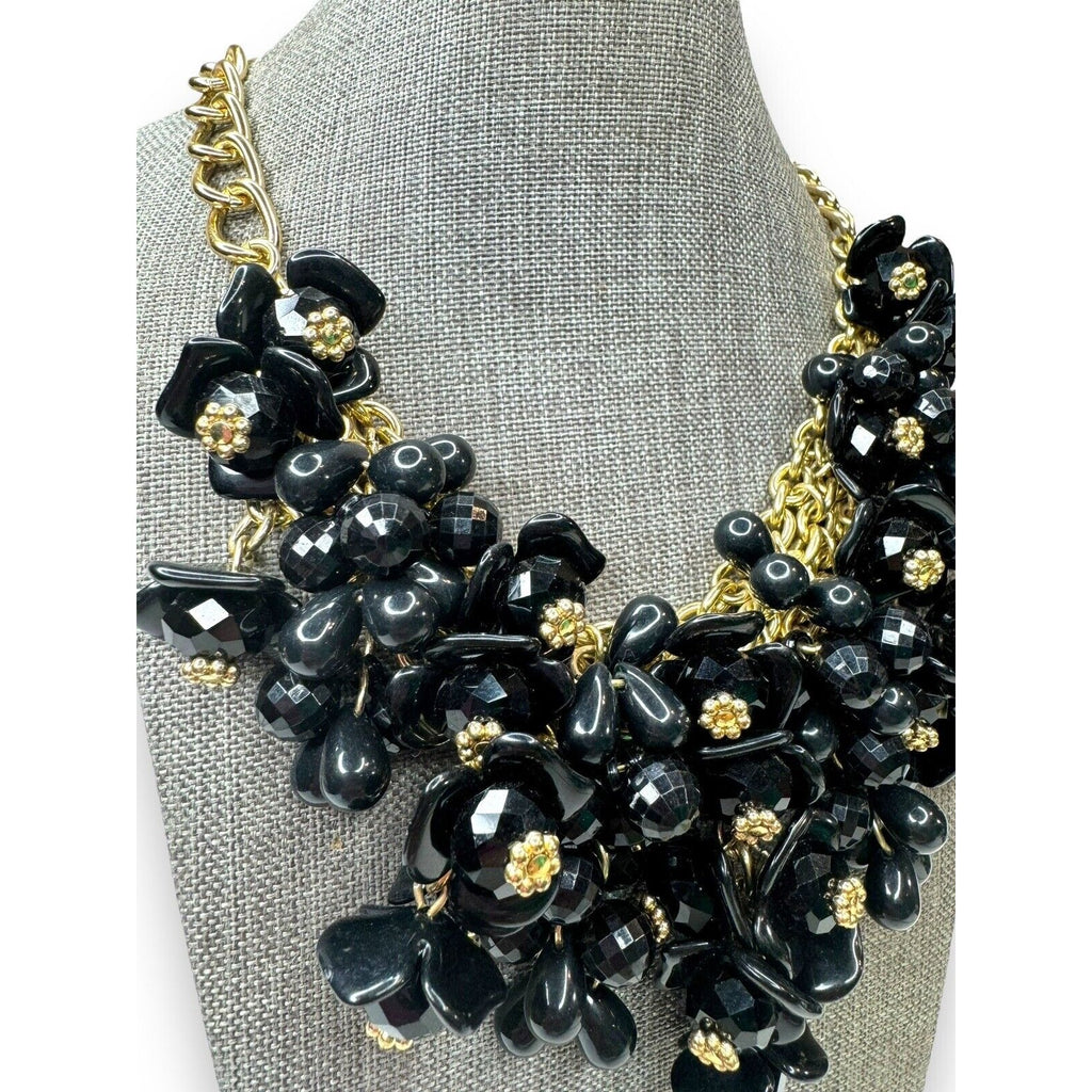 Vintage Talbots Black Acrylic Bead Bib Necklace Gold Tone Chain 18.5–21.5"