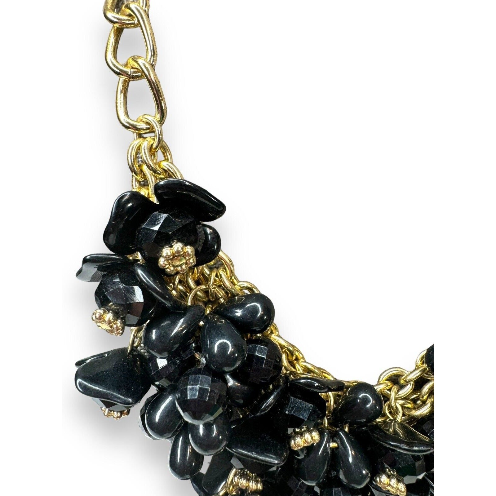 Vintage Talbots Black Acrylic Bead Bib Necklace Gold Tone Chain 18.5–21.5"
