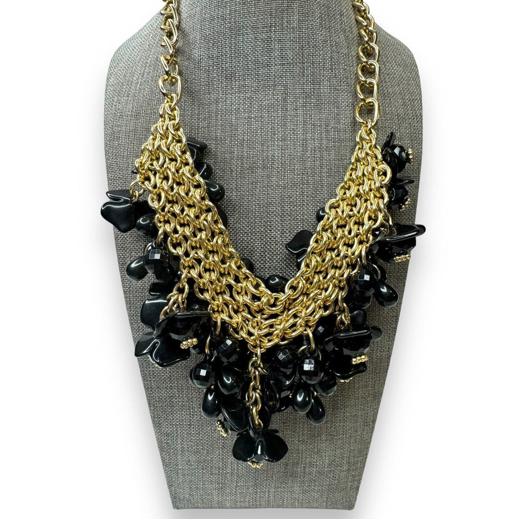 Vintage Talbots Black Acrylic Bead Bib Necklace Gold Tone Chain 18.5–21.5"