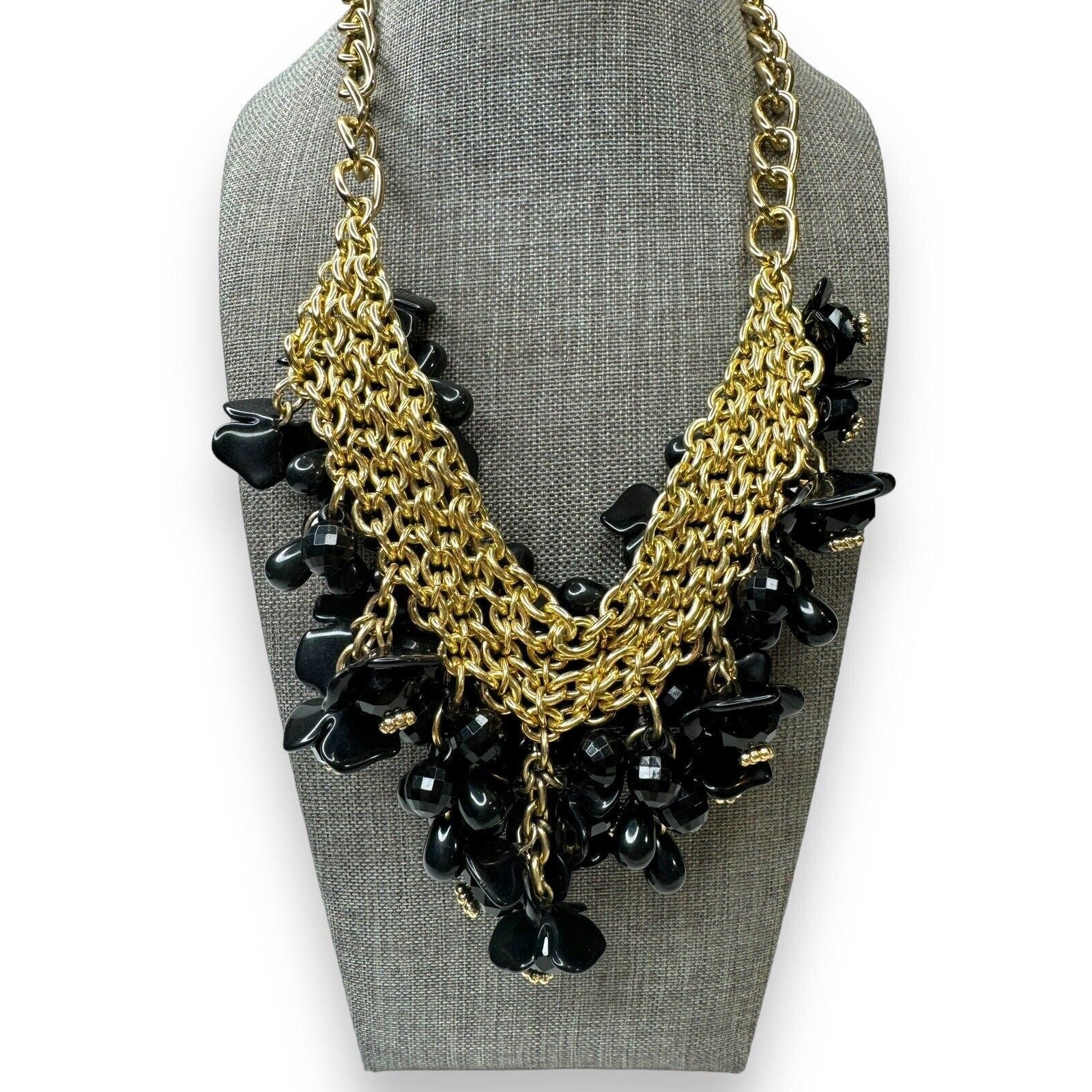 Vintage Talbots Black Acrylic Bead Bib Necklace Gold Tone Chain 18.5–21.5"