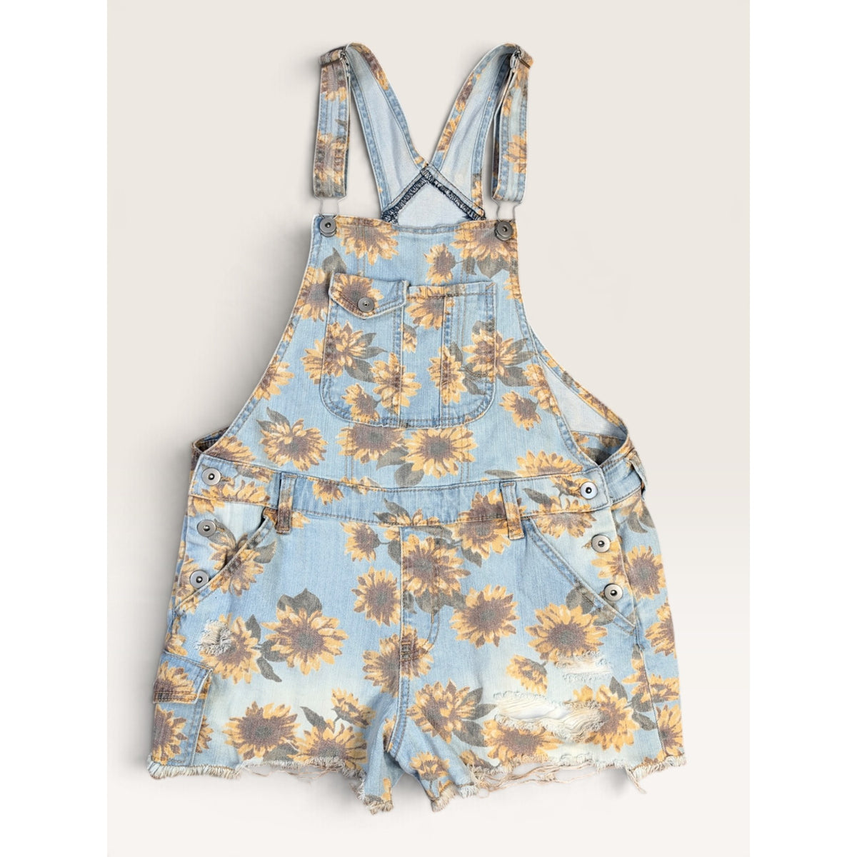 No Boundaries Sunflower Denim Shortalls Juniors M 7-9 Distressed Overalls NWT