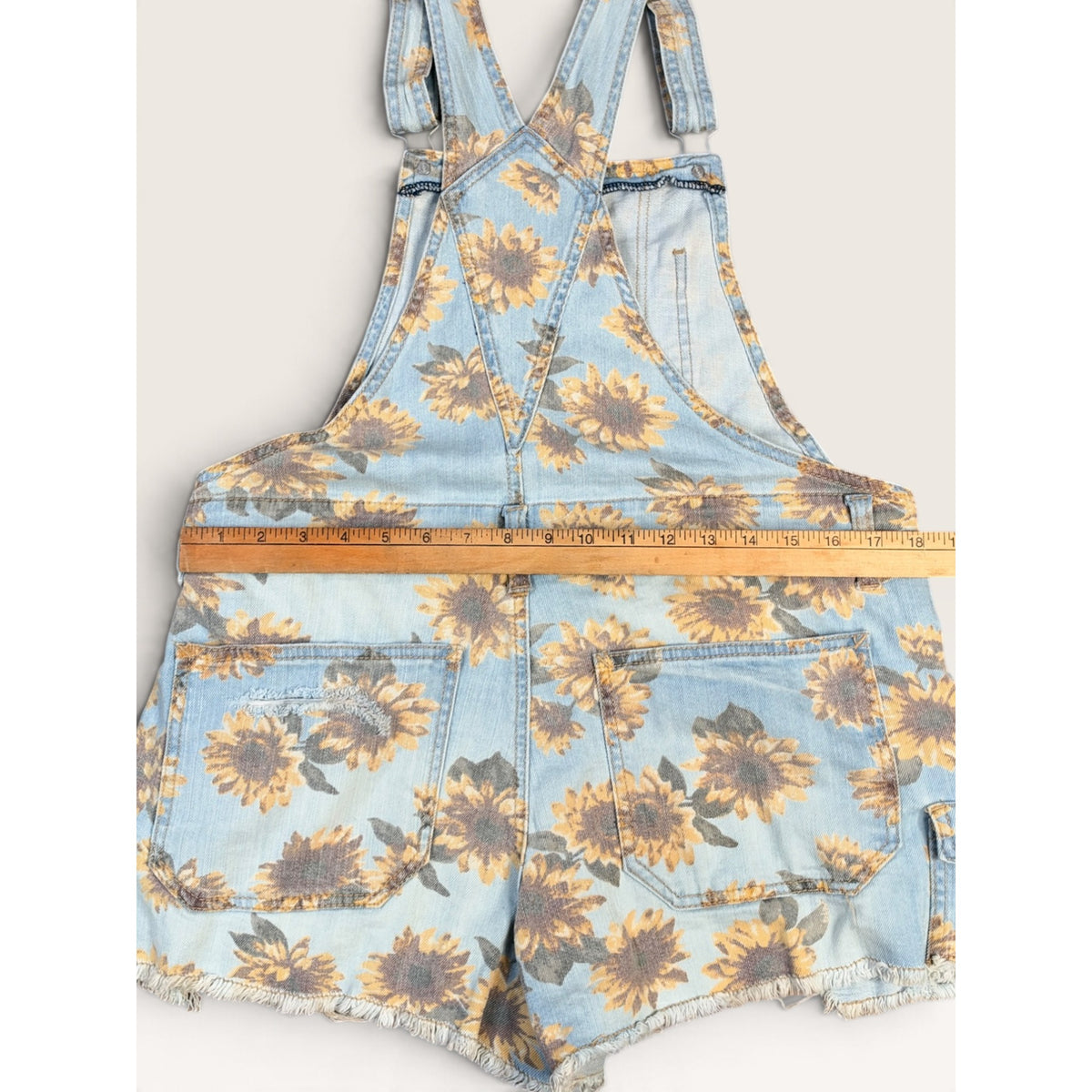 No Boundaries Sunflower Denim Shortalls Juniors M 7-9 Distressed Overalls NWT