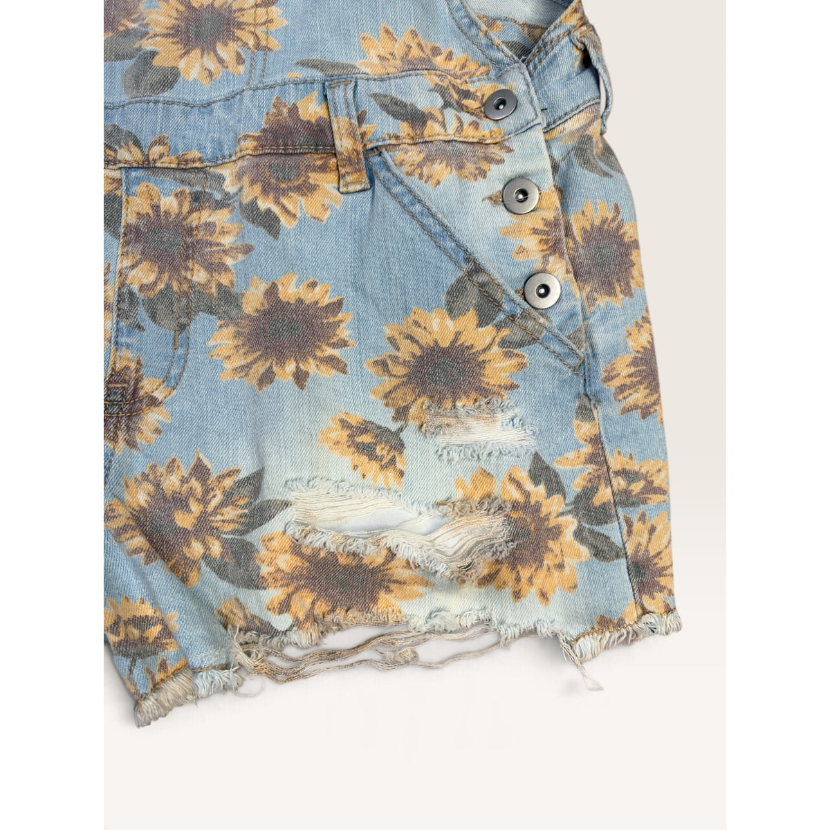 No Boundaries Sunflower Denim Shortalls Juniors M 7-9 Distressed Overalls NWT