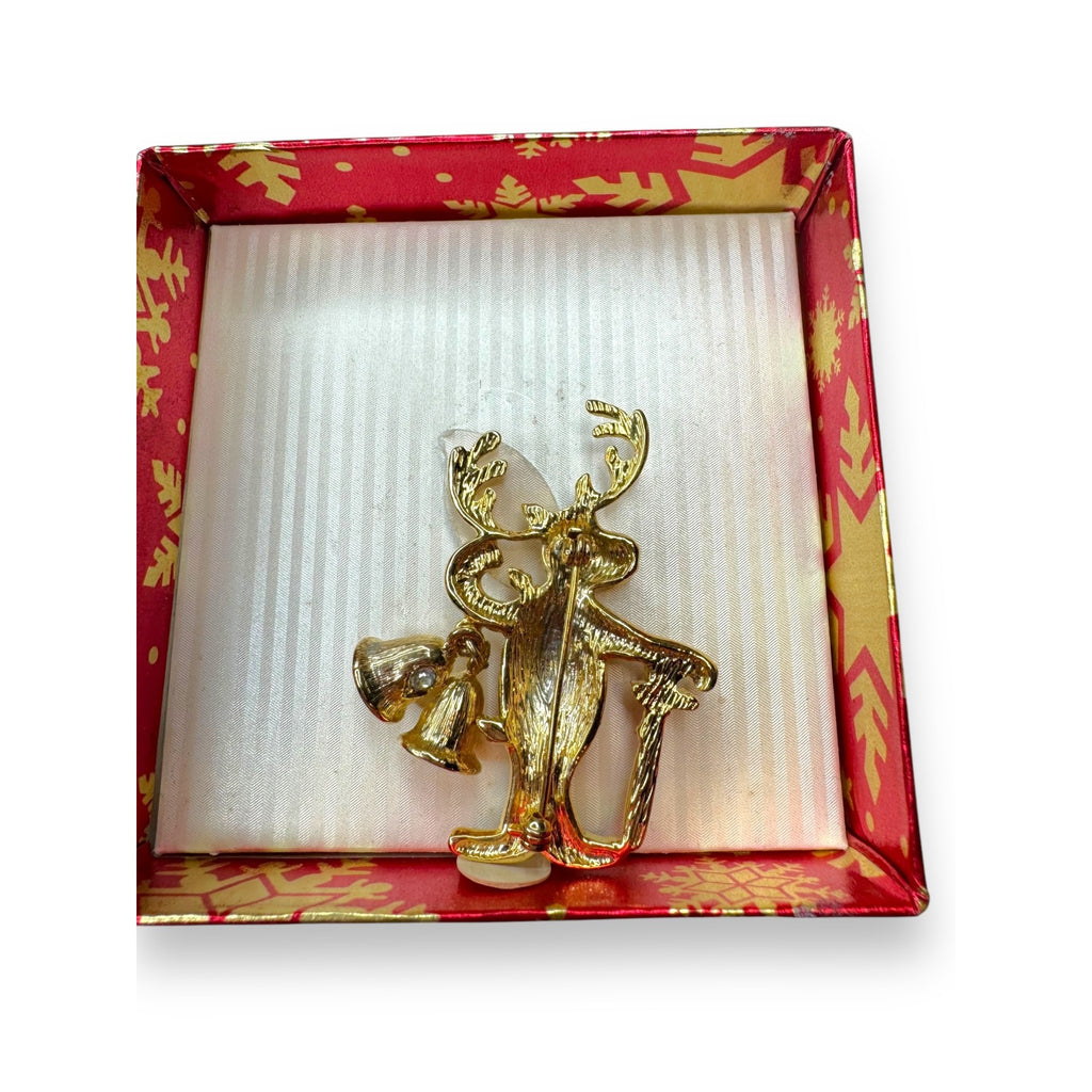 Reindeer Brooch Gold Tone Enamel Holiday Jewelry Macys New In Box