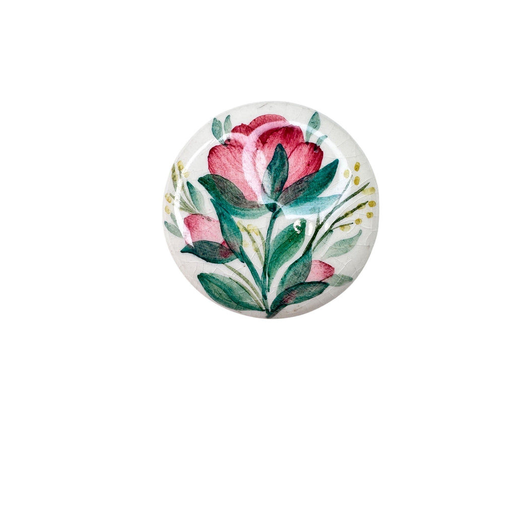Unsigned Hand Painted Floral Brooch Ceramic Dome Pink Flower 1970s Vintage