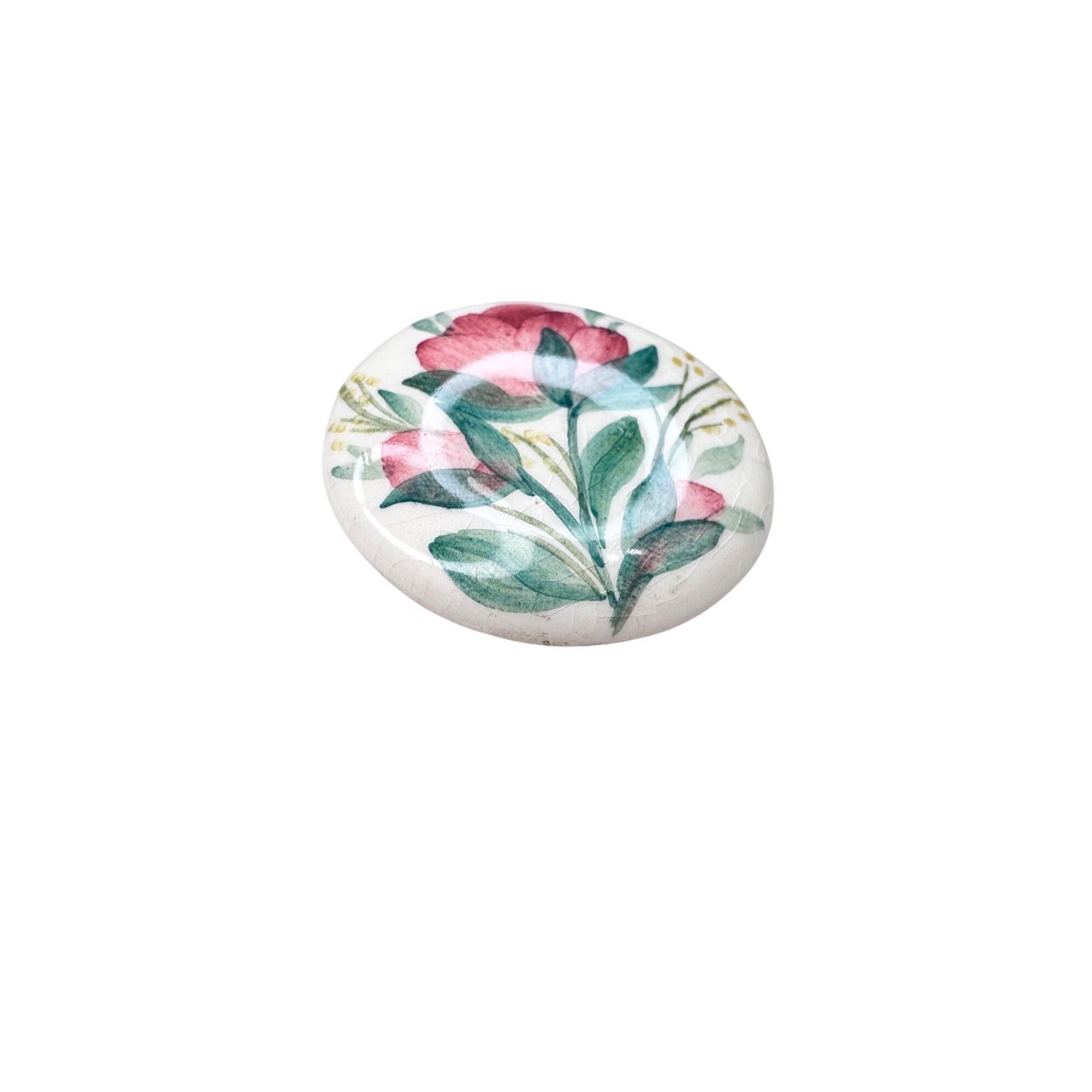 Unsigned Hand Painted Floral Brooch Ceramic Dome Pink Flower 1970s Vintage