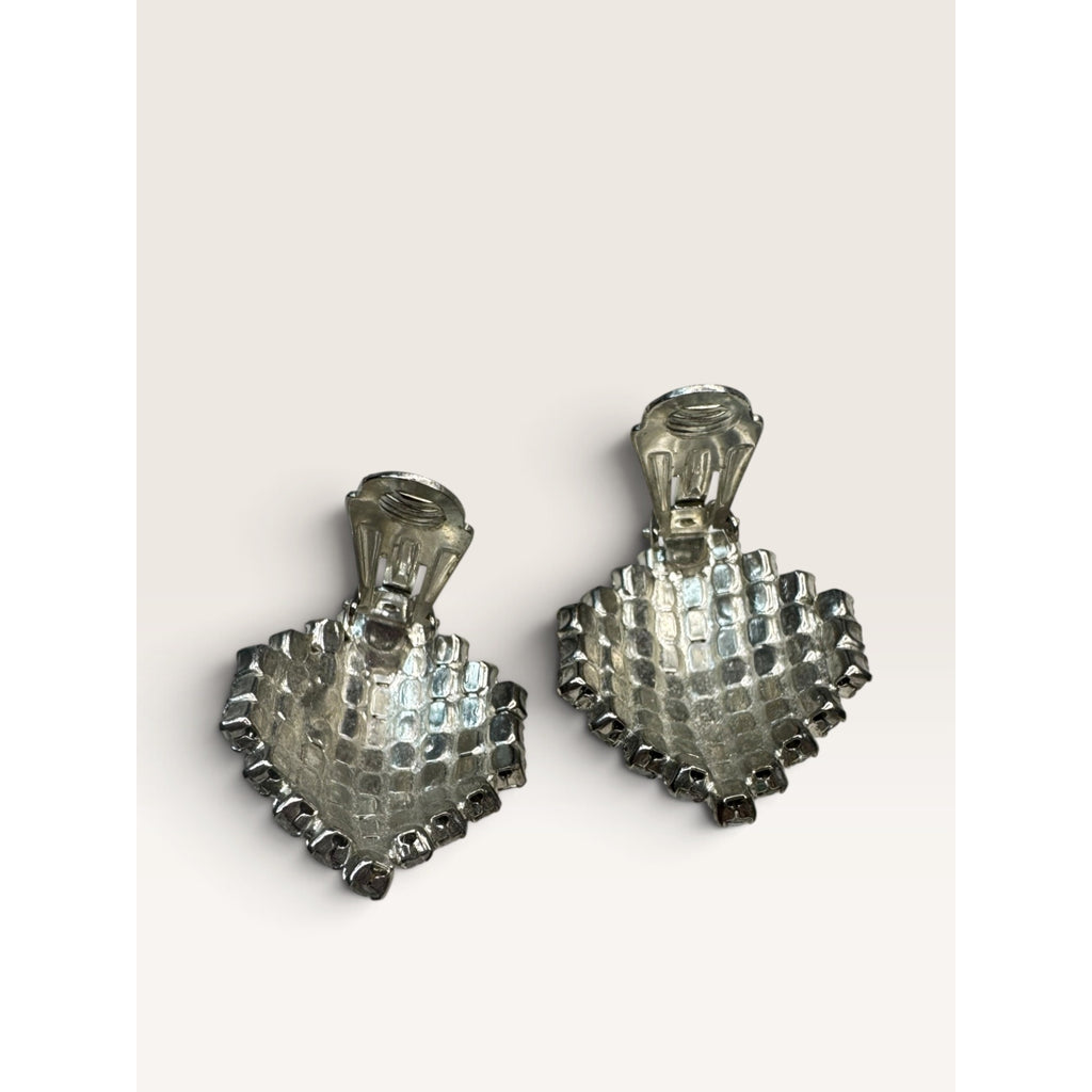 1950s Clear Crystal Rhinestone Diamond Shield Clip Earrings 1.36" Vintage