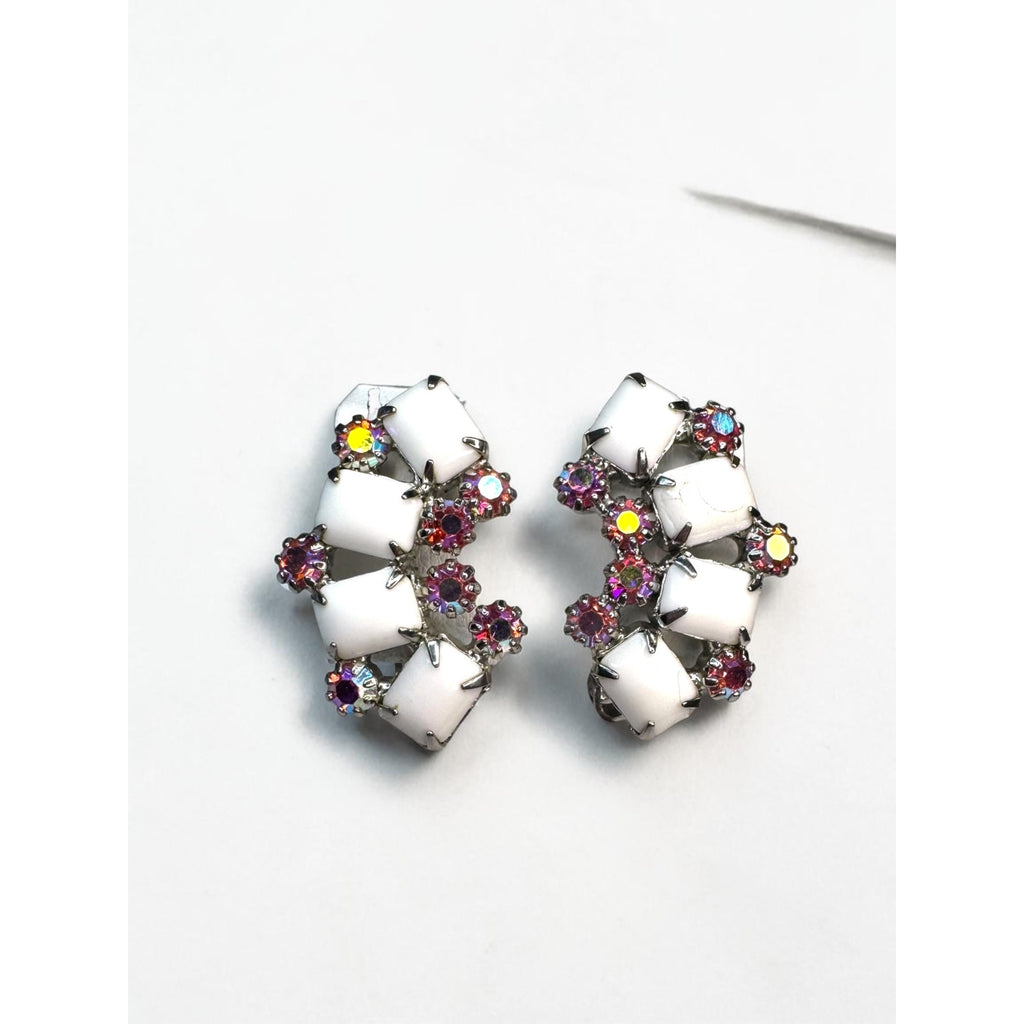 WEISS Milk Glass Pink AB Crystal Climber Clip Earrings Vintage 1950s