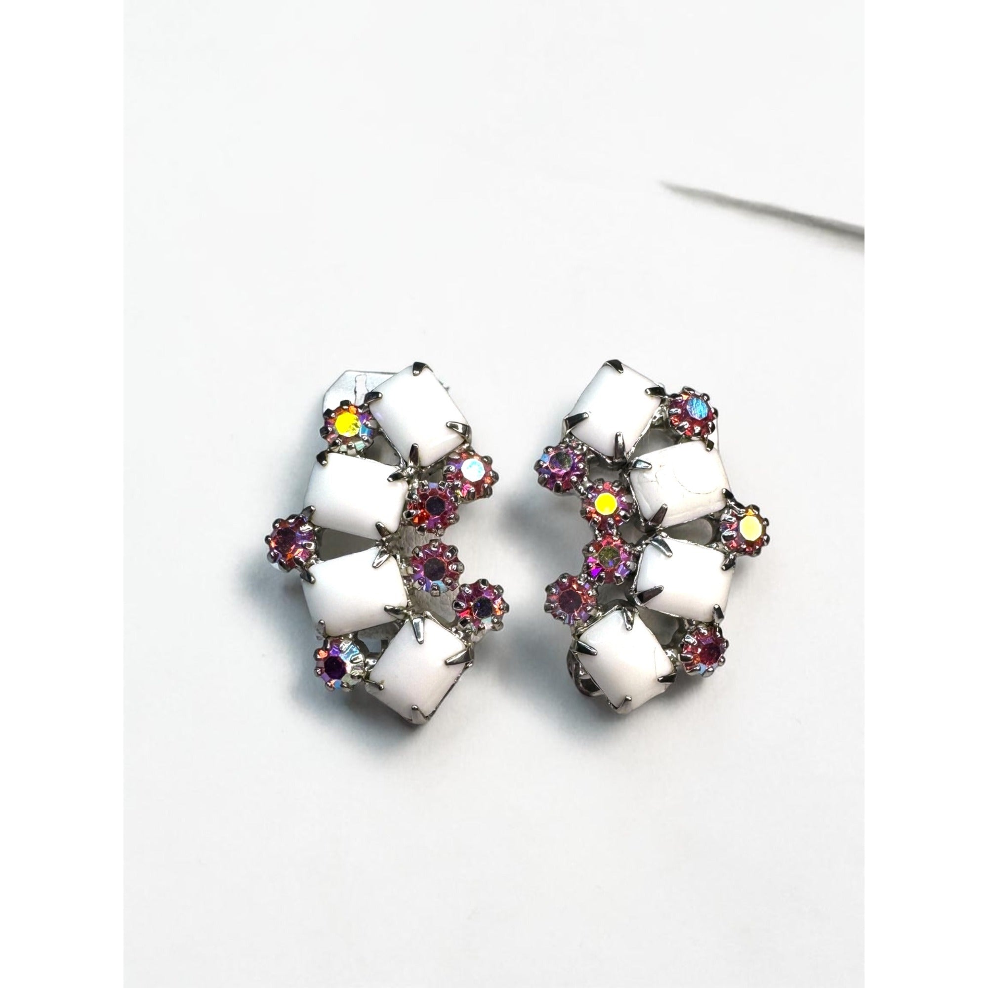 WEISS Milk Glass Pink AB Crystal Climber Clip Earrings Vintage 1950s