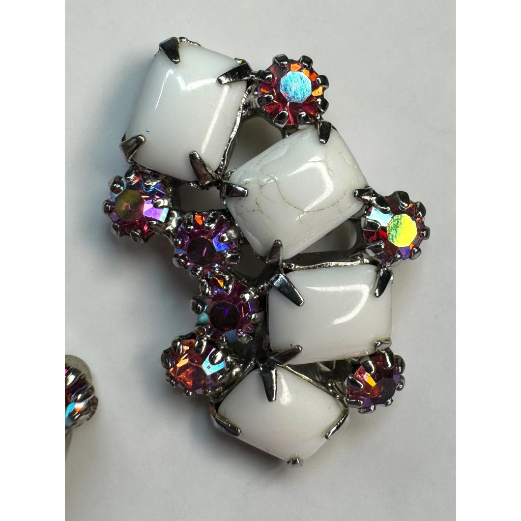 WEISS Milk Glass Pink AB Crystal Climber Clip Earrings Vintage 1950s