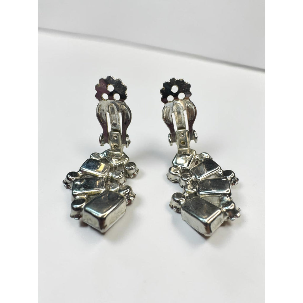 WEISS Milk Glass Pink AB Crystal Climber Clip Earrings Vintage 1950s