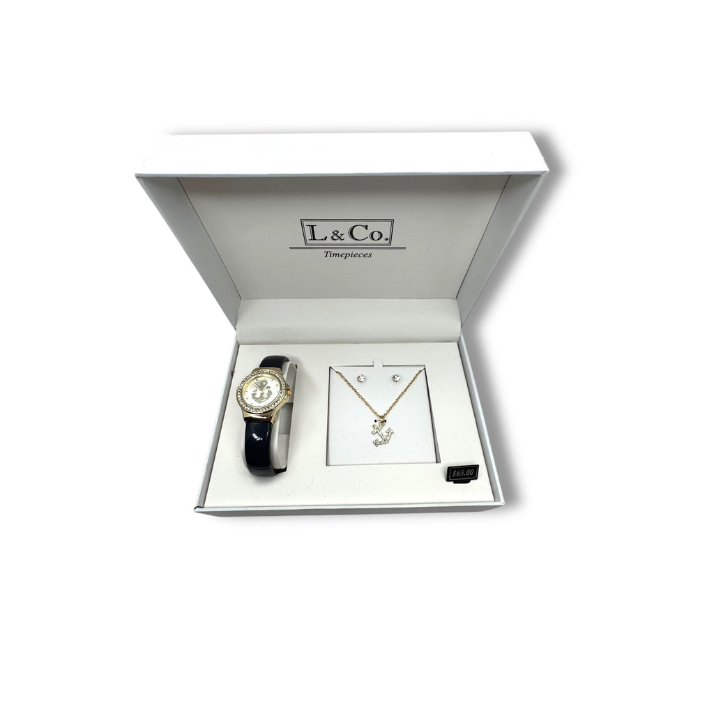 L & Co. Timepieces Gift Set With Watch Necklace & Earrings In Box