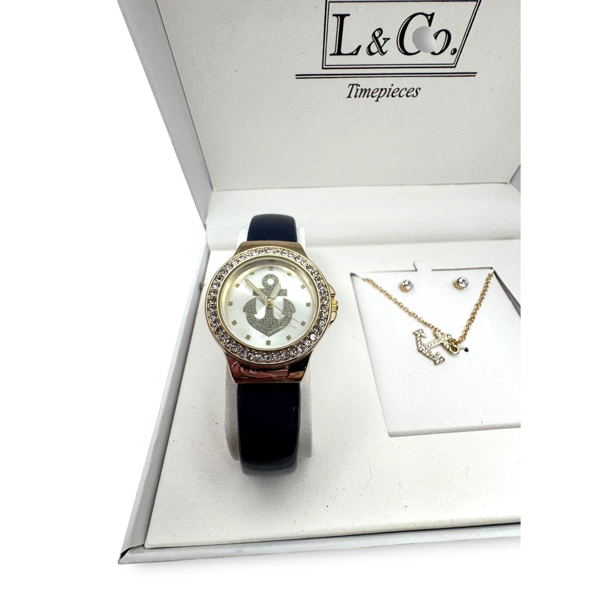 L & Co. Timepieces Gift Set With Watch Necklace & Earrings In Box